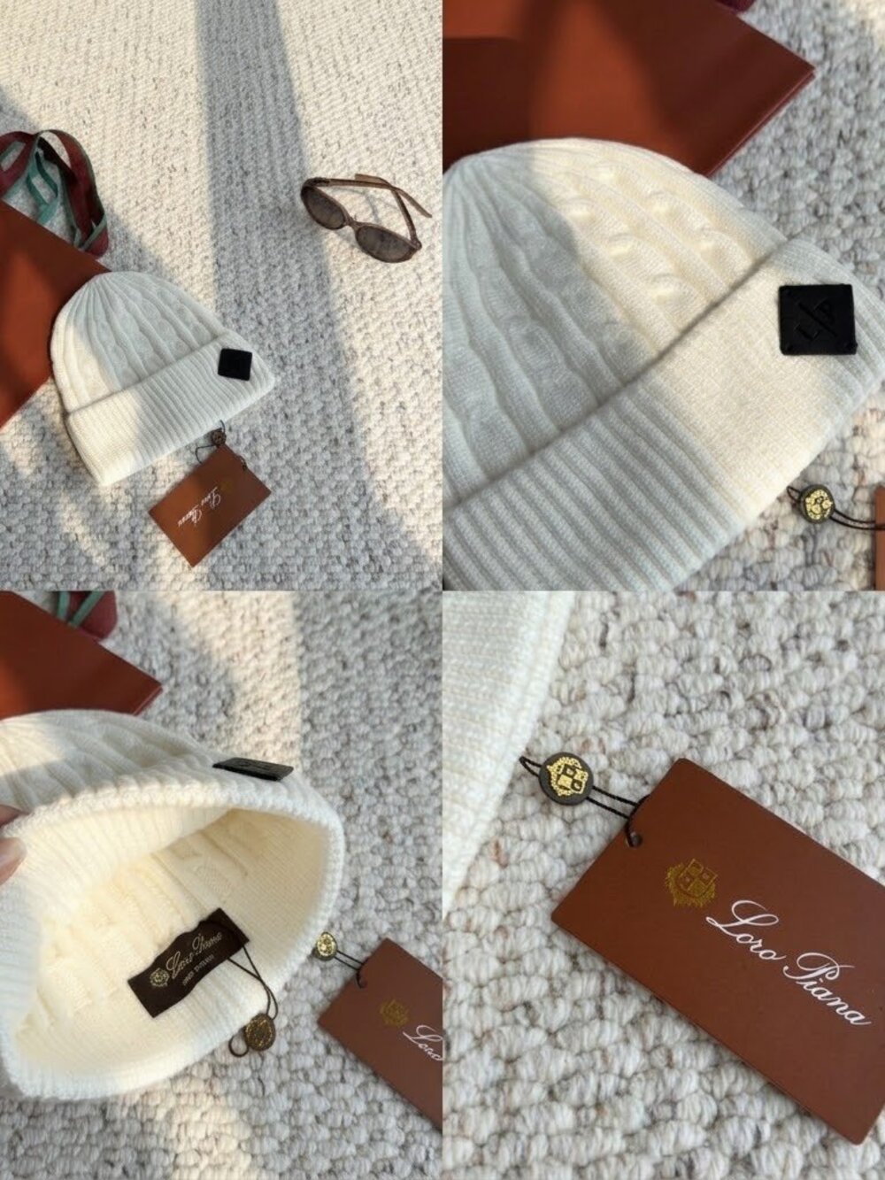 Loro Piana White Cable Knit Cashmere Beanie Hat One Size